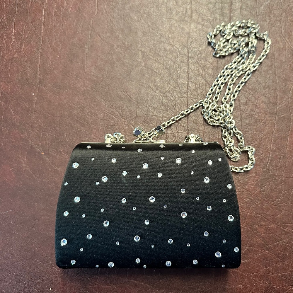 Franchi Black satin/crystal hard sided convertible clutch evening bag. Like new!